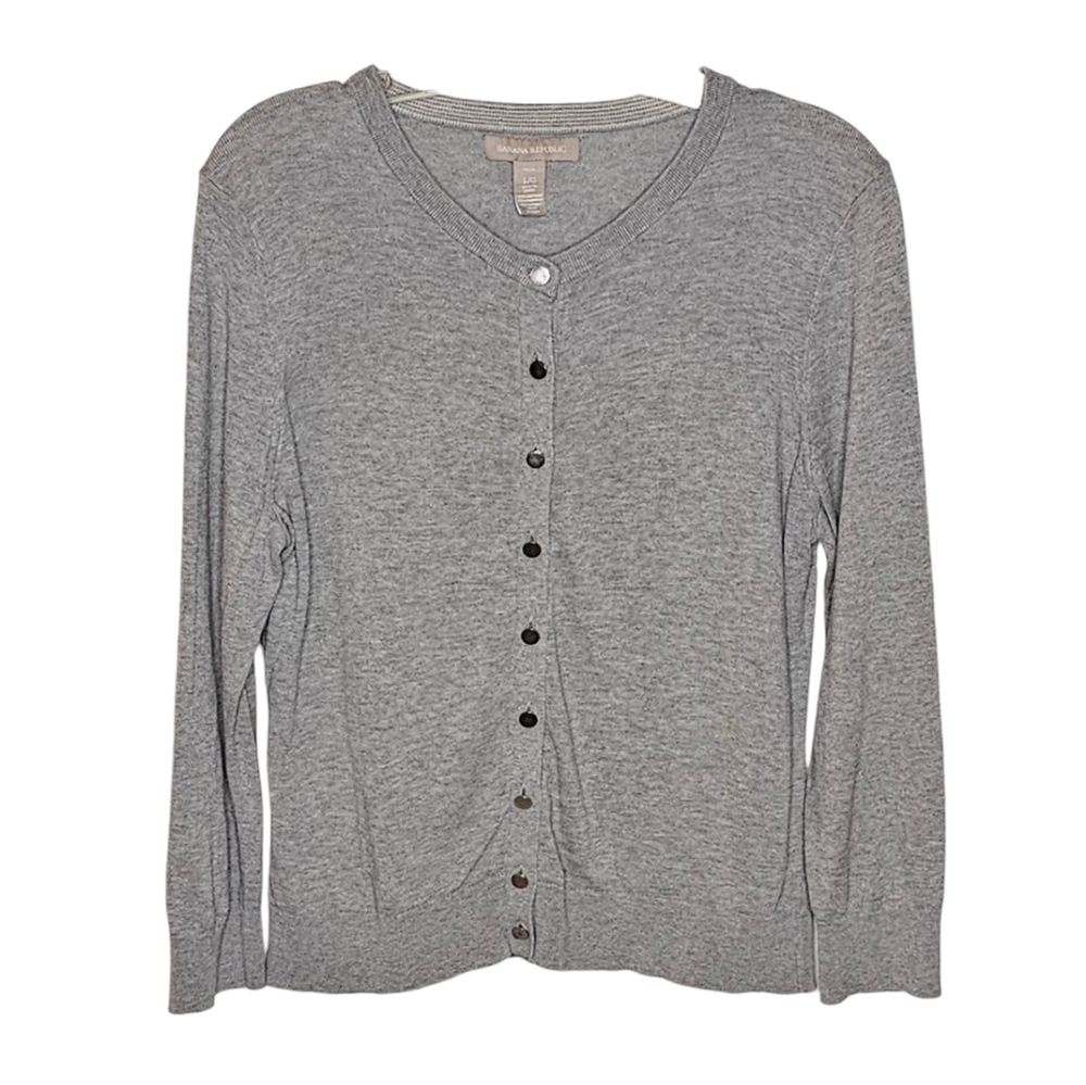 BR Silk Cotton Heather Grey Classic Crewneck Cardigan Silver Buttons Large Petit